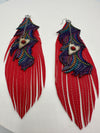 Red Leather Feather Earrings w/ Multi-Colored Purple Leather Embellishment