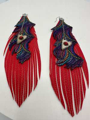 Red Leather Feather Earrings w/ Multi-Colored Purple Leather Embellishment