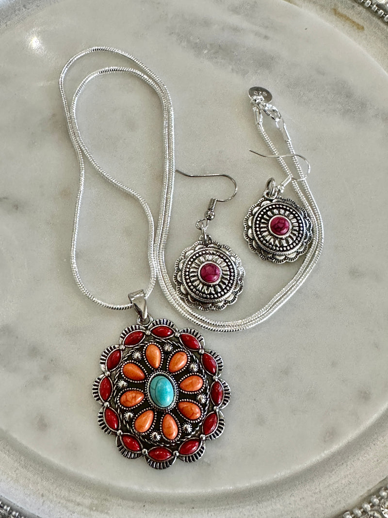 Silver Concho Pendent w/ Turquoise, Orange & Red & Silver Concho Earrings