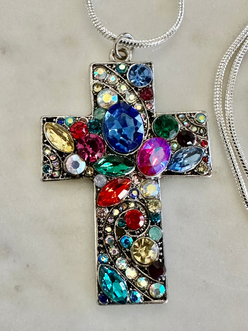 Multi-Colored Rhinestone Cross Pendent & Earrings