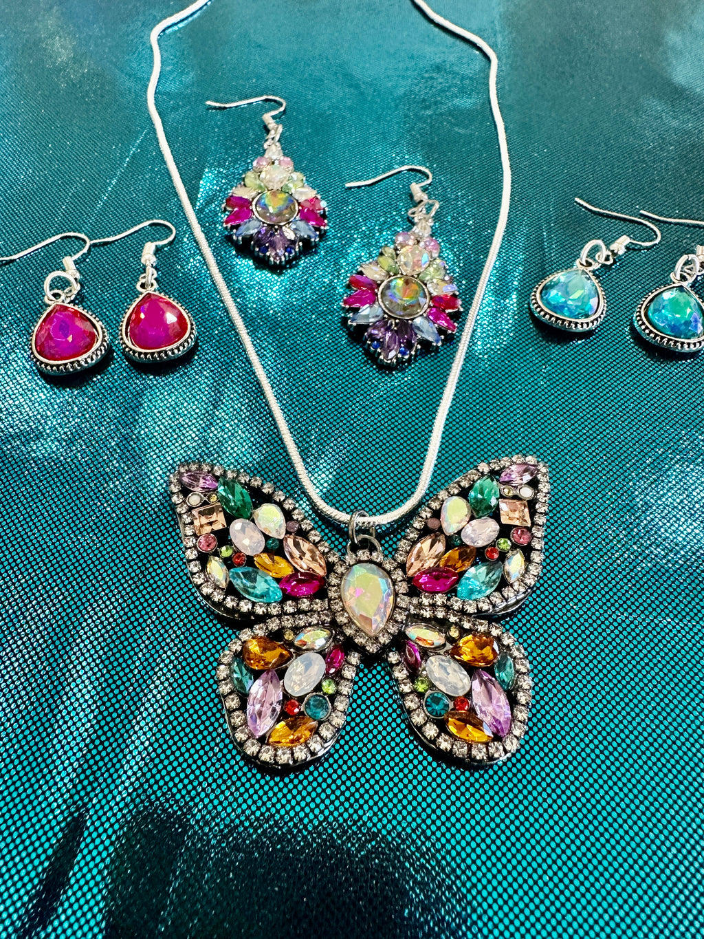 Rhinestone Butterfly Pendent Necklace & Three Earring Selections (Clearance)
