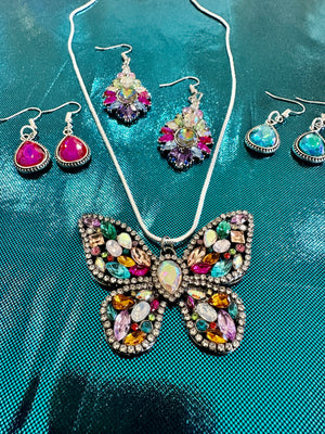 Rhinestone Butterfly Pendent Necklace & Three Earring Selections (Clearance)