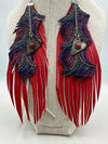Red Leather Feather Earrings w/ Multi-Colored Purple Leather Embellishment