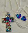 Multi-Colored Rhinestone Cross Pendent & Earrings