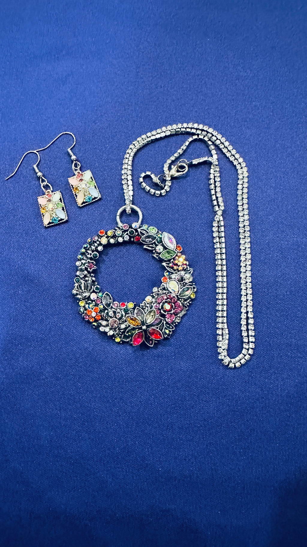 Multi-Colored Rhinestone Pendent w/ Matching Rhinestone Earrings (Clearance)