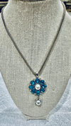 Turquoise Rhinestone & Pearl Flower Medallion Pendent on 18 in. Snake Chain & Matching Turquoise Earrings
