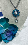 Turquoise Rhinestone & Pearl Flower Medallion Pendent on 18 in. Snake Chain & Matching Turquoise Earrings