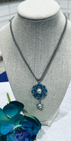 Turquoise Rhinestone & Pearl Flower Medallion Pendent on 18 in. Snake Chain & Matching Turquoise Earrings