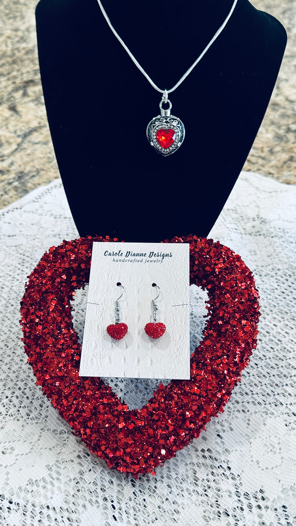 Silver & Red Rhinestone Locket Like Medallion Pendent Necklace w/ Dainty Red Rhinestone Heart Earrings