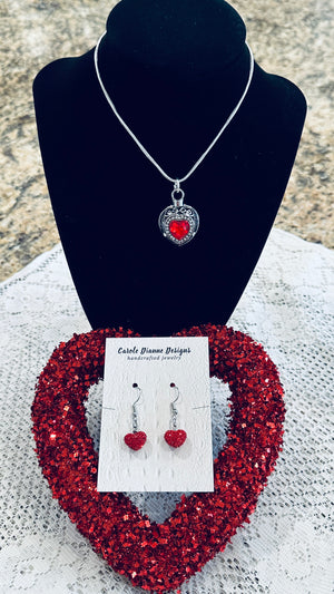Silver & Red Rhinestone Locket Like Medallion Pendent Necklace w/ Dainty Red Rhinestone Heart Earrings