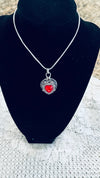Silver & Red Rhinestone Locket Like Medallion Pendent Necklace w/ Dainty Red Rhinestone Heart Earrings