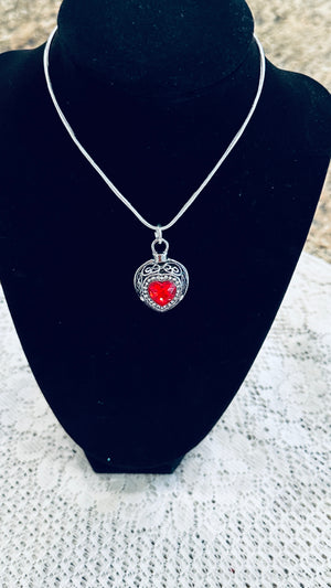 Silver & Red Rhinestone Locket Like Medallion Pendent Necklace w/ Dainty Red Rhinestone Heart Earrings