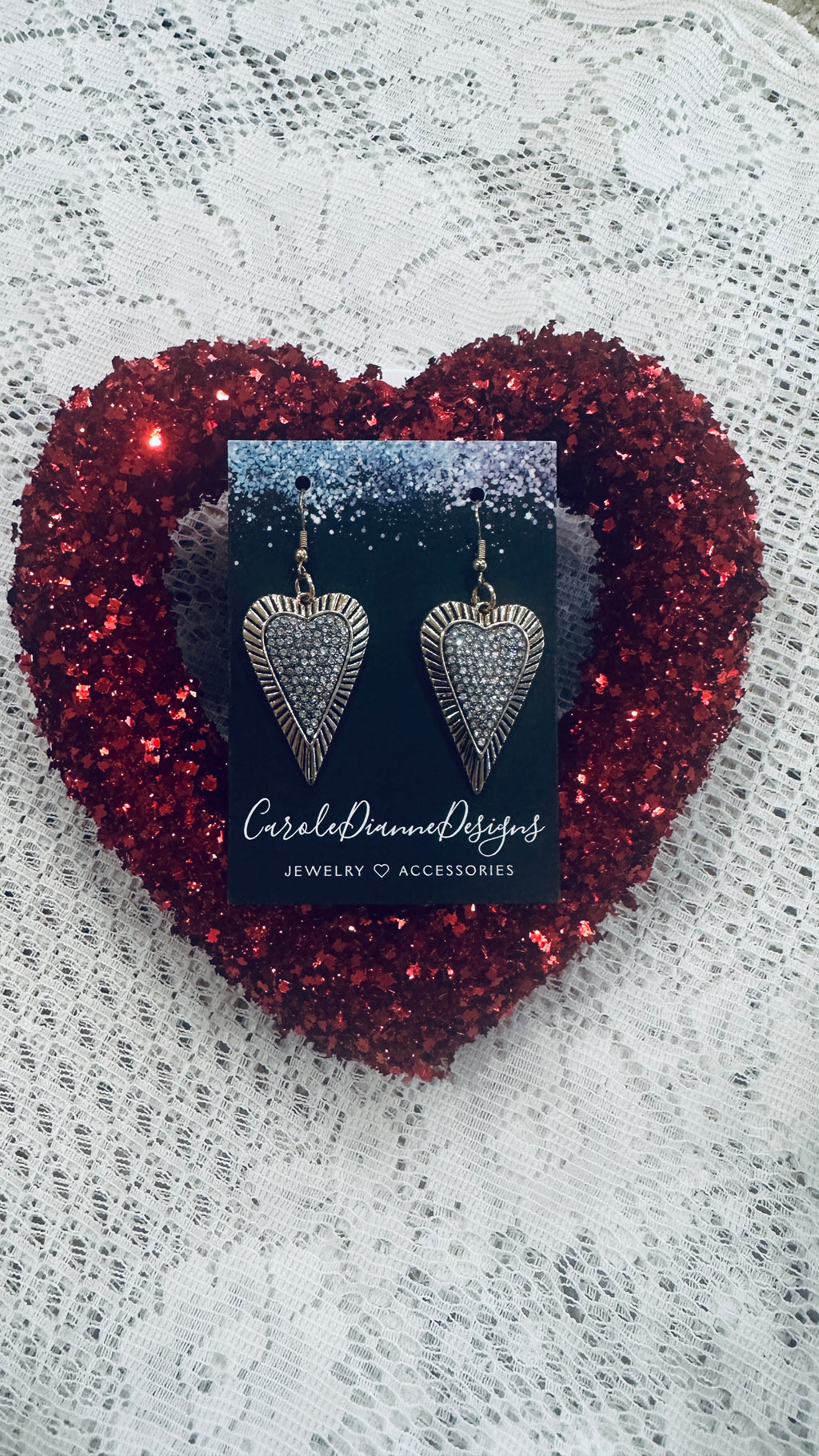 Oblong Rhinestone Heart Earrings Outlined in Gold