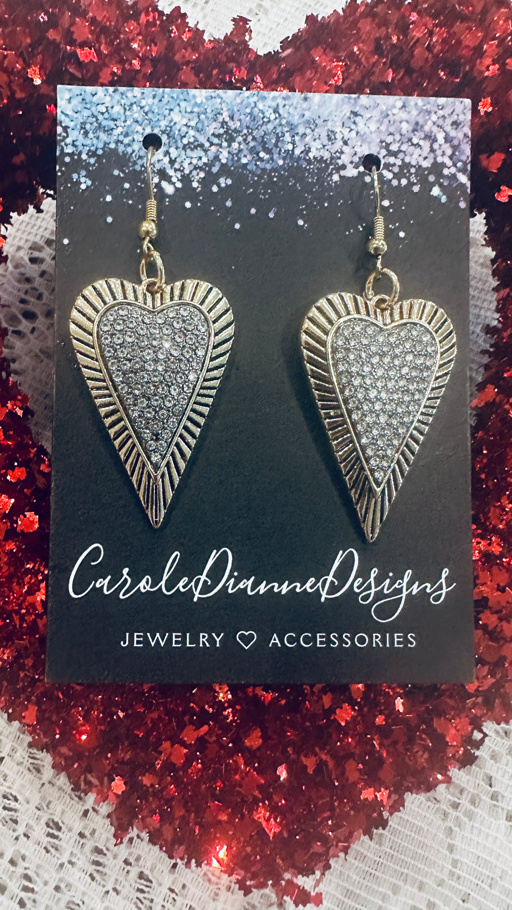 Oblong Rhinestone Heart Earrings Outlined in Gold