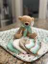 White, Mint Green & Beige Bernat Blanket Soft Afghan, Beanies & Bear Set