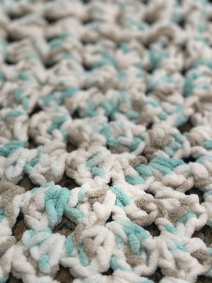 White, Mint Green & Beige Bernat Blanket Soft Afghan, Beanies & Bear Set