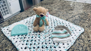 White, Mint Green & Beige Bernat Blanket Soft Afghan, Beanies & Bear Set