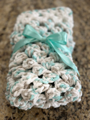 White, Mint Green & Beige Bernat Blanket Soft Afghan, Beanies & Bear Set