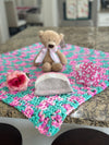 Two Tone Pink & Aqua Bernat Baby Soft Baby Afghan, Three Beanies & Gund Teddy Bear Set
