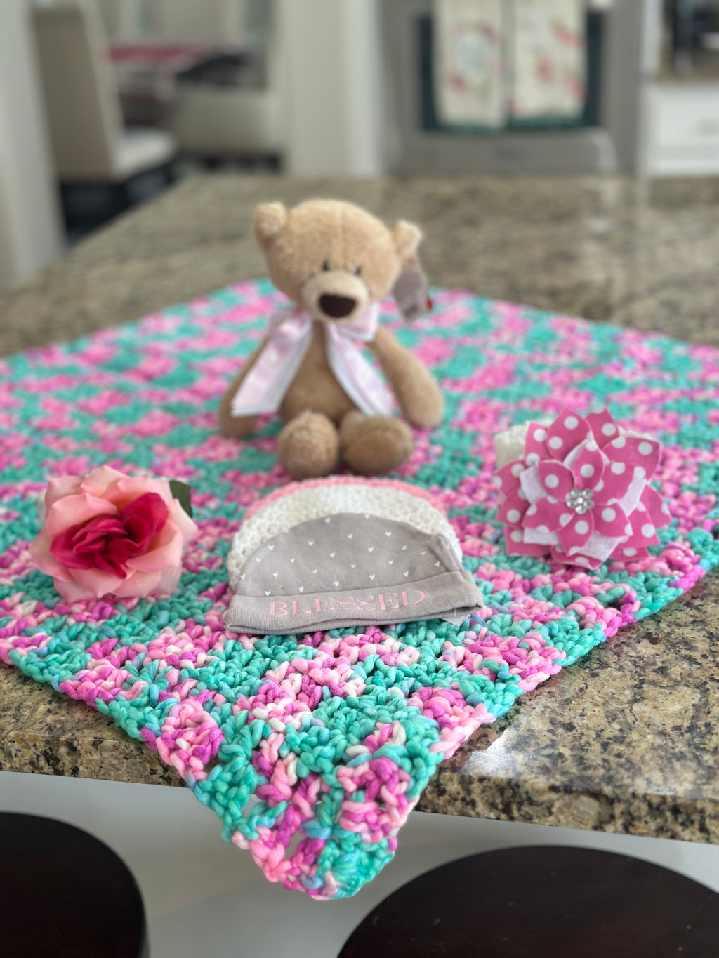 Two Tone Pink & Aqua Bernat Baby Soft Baby Afghan, Three Beanies & Gund Teddy Bear Set