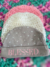 Two Tone Pink & Aqua Bernat Baby Soft Baby Afghan, Three Beanies & Gund Teddy Bear Set