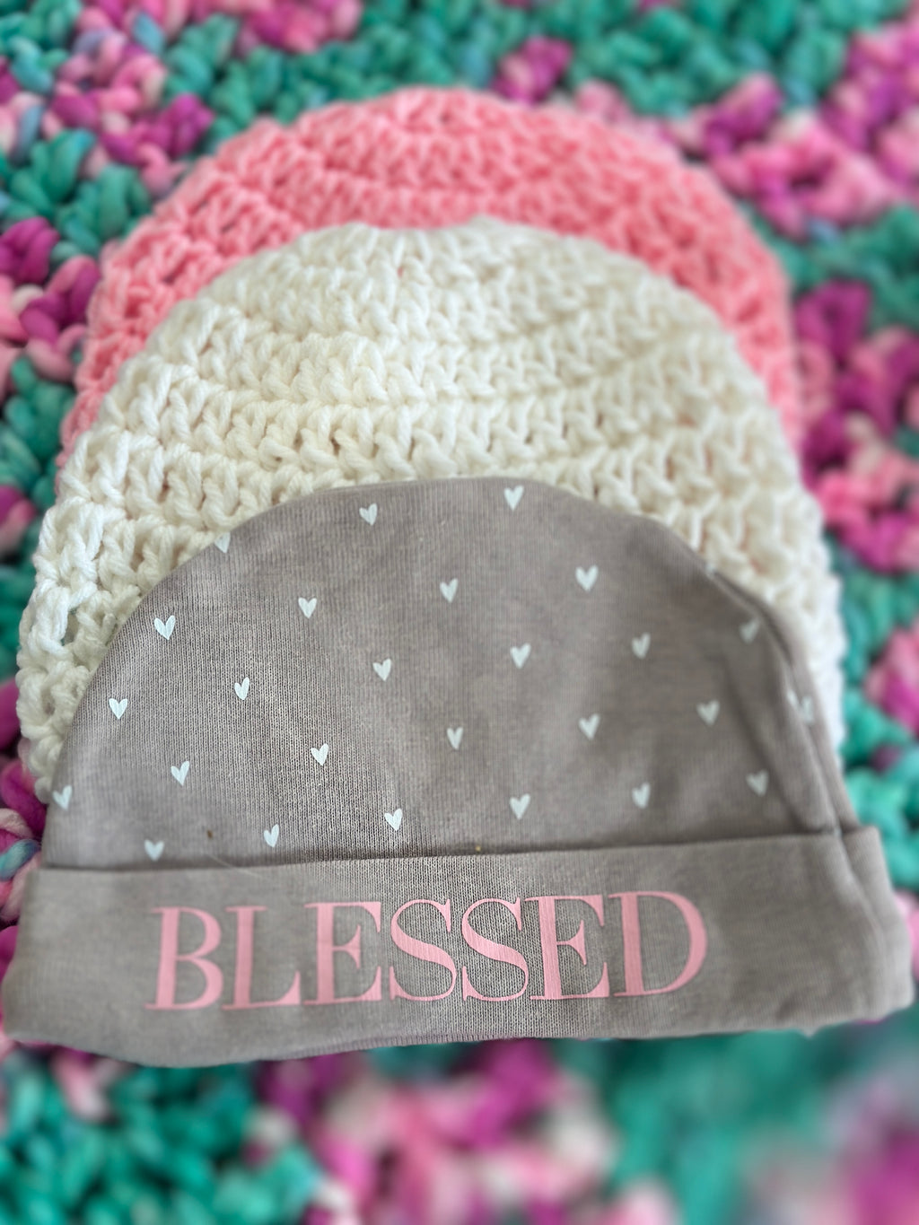 Two Tone Pink & Aqua Bernat Baby Soft Baby Afghan, Three Beanies & Gund Teddy Bear Set
