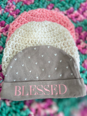 Two Tone Pink & Aqua Bernat Baby Soft Baby Afghan, Three Beanies & Gund Teddy Bear Set