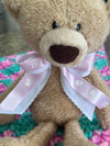 Two Tone Pink & Aqua Bernat Baby Soft Baby Afghan, Three Beanies & Gund Teddy Bear Set