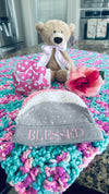 Two Tone Pink & Aqua Bernat Baby Soft Baby Afghan, Three Beanies & Gund Teddy Bear Set