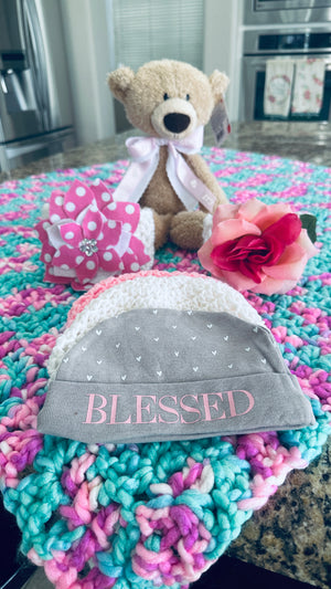 Two Tone Pink & Aqua Bernat Baby Soft Baby Afghan, Three Beanies & Gund Teddy Bear Set
