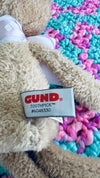 Two Tone Pink & Aqua Bernat Baby Soft Baby Afghan, Three Beanies & Gund Teddy Bear Set