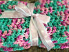 Two Tone Pink & Aqua Bernat Baby Soft Baby Afghan, Three Beanies & Gund Teddy Bear Set