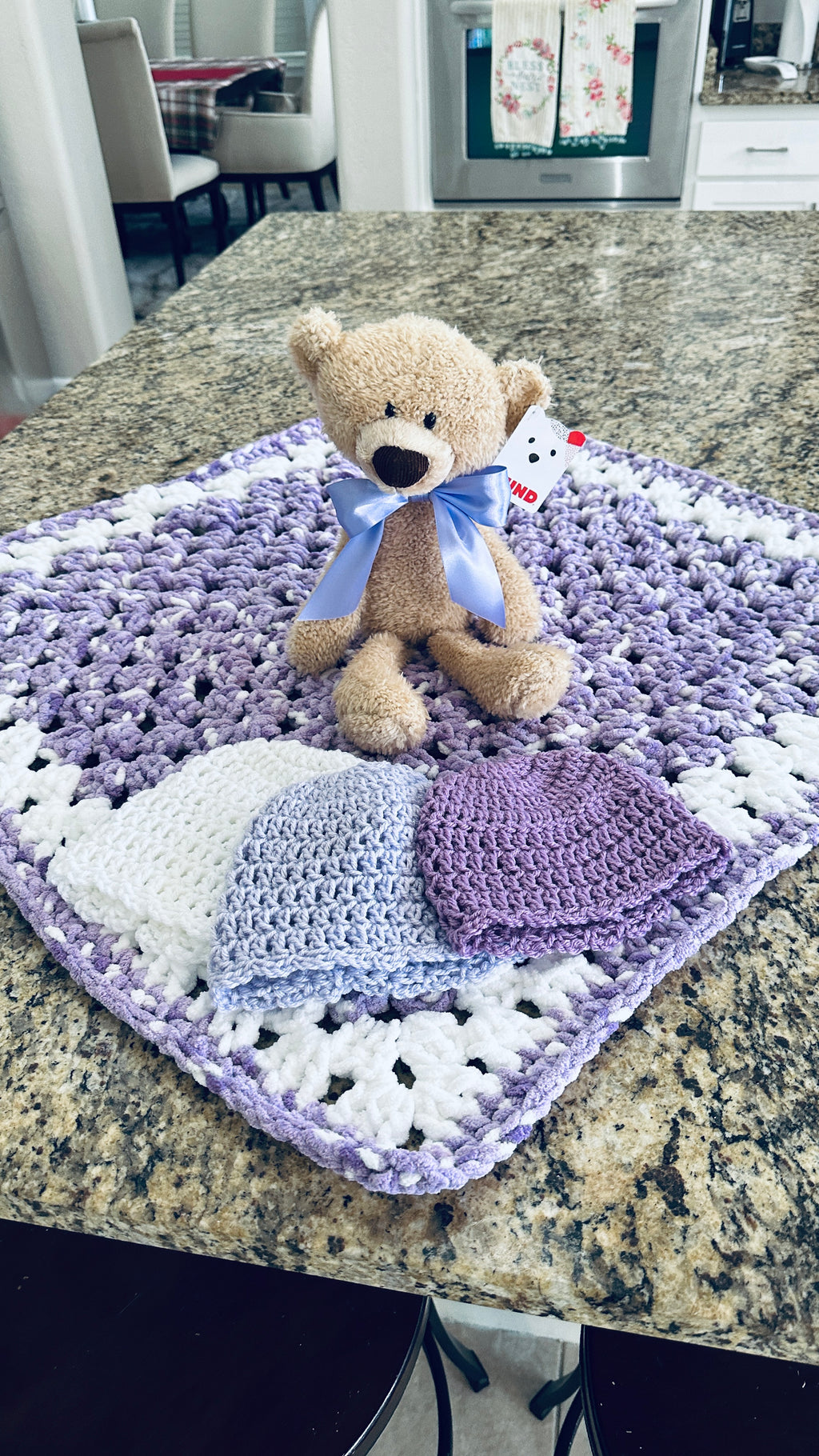 Lavender & White Bernat Baby Soft Yarn Afghan, Beanie, Headbands & Teddy Bear Set