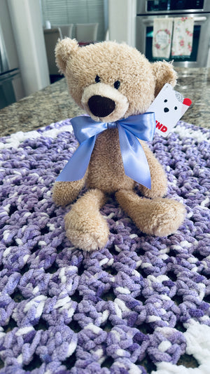 Lavender & White Bernat Baby Soft Yarn Afghan, Beanie, Headbands & Teddy Bear Set