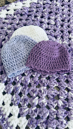 Lavender & White Bernat Baby Soft Yarn Afghan, Beanie, Headbands & Teddy Bear Set