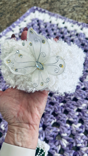 Lavender & White Bernat Baby Soft Yarn Afghan, Beanie, Headbands & Teddy Bear Set