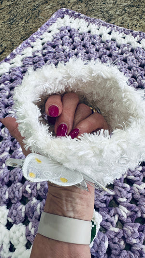 Lavender & White Bernat Baby Soft Yarn Afghan, Beanie, Headbands & Teddy Bear Set