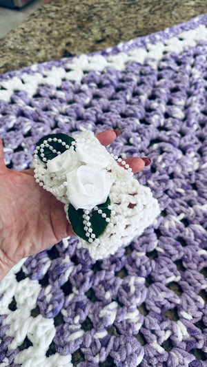 Lavender & White Bernat Baby Soft Yarn Afghan, Beanie, Headbands & Teddy Bear Set