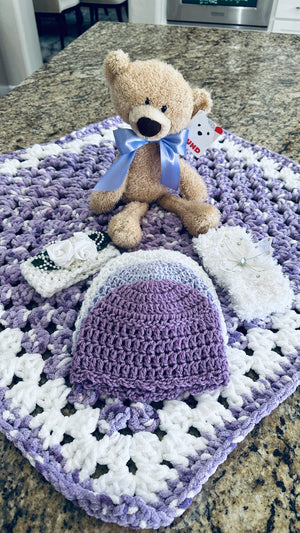 Lavender & White Bernat Baby Soft Yarn Afghan, Beanie, Headbands & Teddy Bear Set