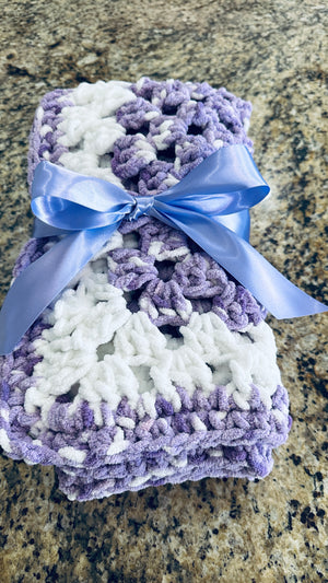Lavender & White Bernat Baby Soft Yarn Afghan, Beanie, Headbands & Teddy Bear Set