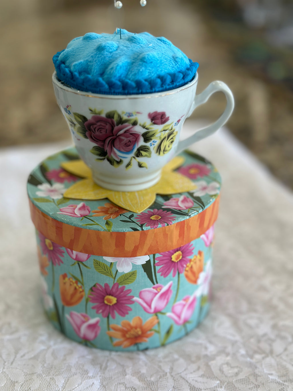 Blue Vintage Teacup Pin Cushion