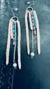 Gold Leather Slim Line Earrings w/ Beading & Gold Chain Faux Pearl Embellishment