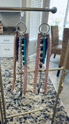 Gold Leather Slim Line Earrings w/ Beading & Gold Chain Faux Pearl Embellishment