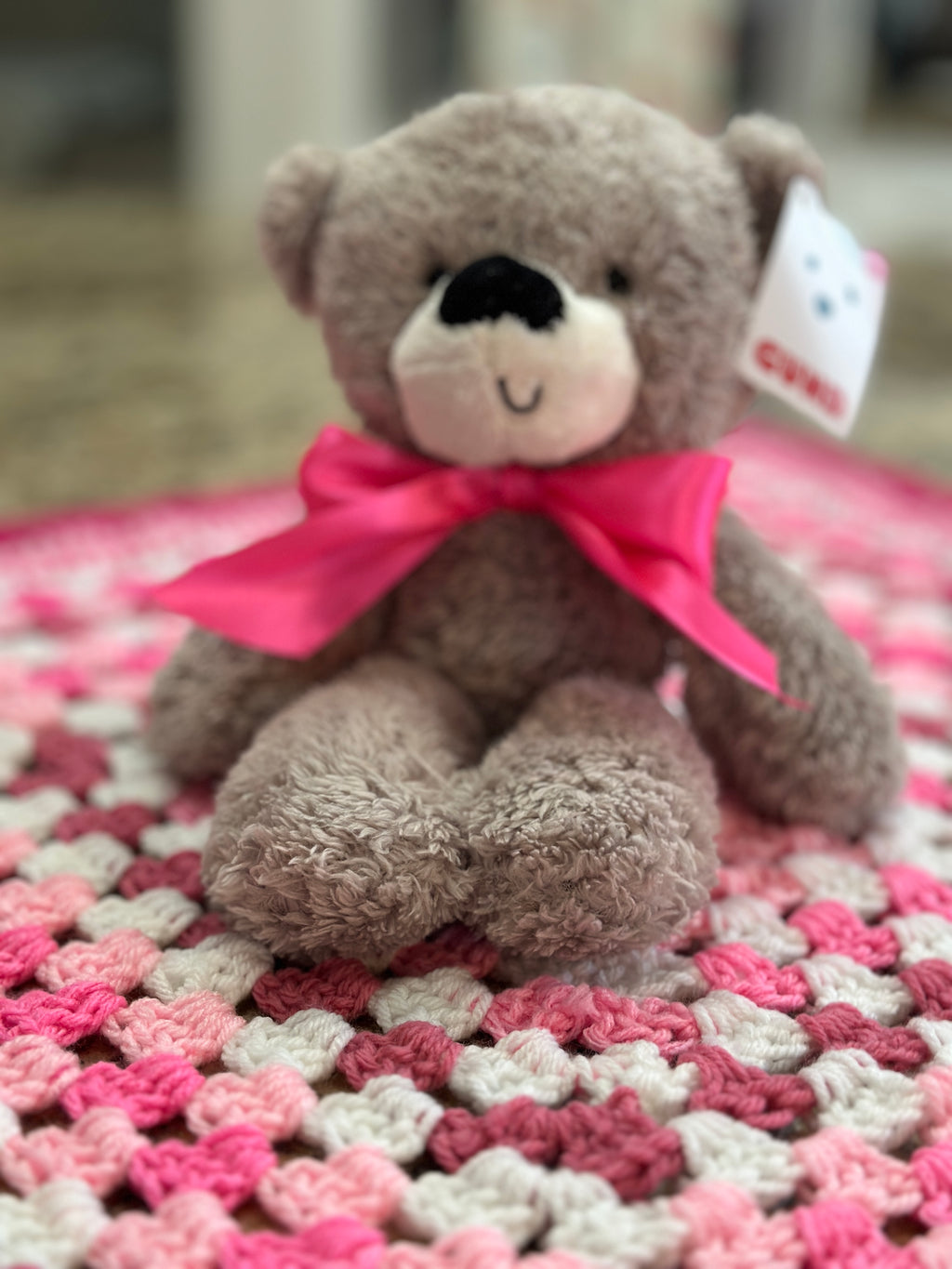 Pink & White Soft as a Cloud Hand Crocheted Baby Afghan, Three Coordinating Beanies, Four Baby Headbands & Cuddly Hund Teddy Bear