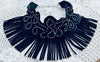 Black Leather Necklace w/ Rhinestone Trim and Faux Leather Fringe & Matching Leather Earrings
