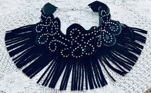 Black Leather Necklace w/ Rhinestone Trim and Faux Leather Fringe & Matching Leather Earrings