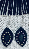 Black Leather Necklace w/ Rhinestone Trim and Faux Leather Fringe & Matching Leather Earrings