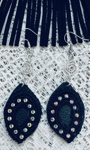 Black Leather Necklace w/ Rhinestone Trim and Faux Leather Fringe & Matching Leather Earrings