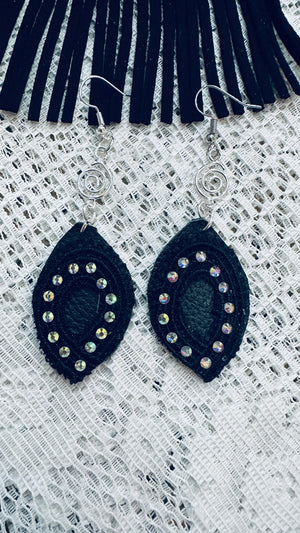 Black Leather Necklace w/ Rhinestone Trim and Faux Leather Fringe & Matching Leather Earrings