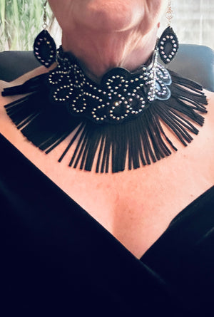 Black Leather Necklace w/ Rhinestone Trim and Faux Leather Fringe & Matching Leather Earrings